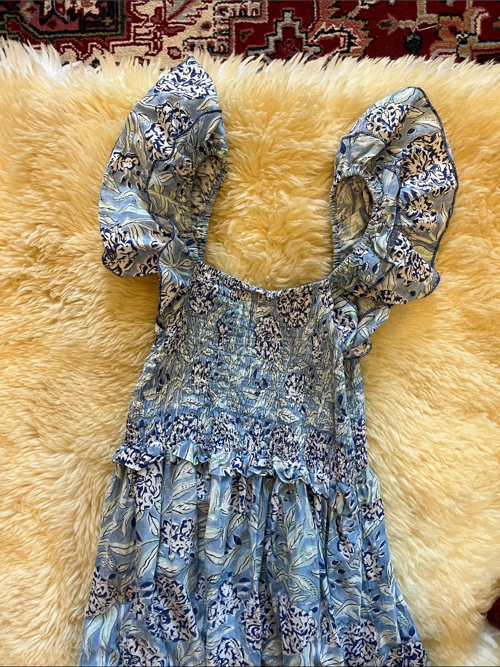 Smocked Blue Floral Midi Dress with Ruffle Shoulders - Picture 2 of 3